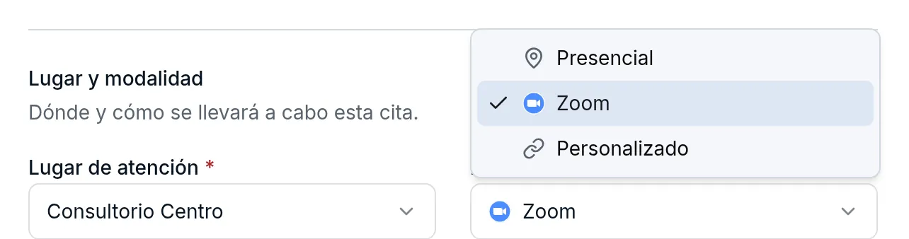 Editor de un tipo de cita con Zoom elegido como modalidad de consulta