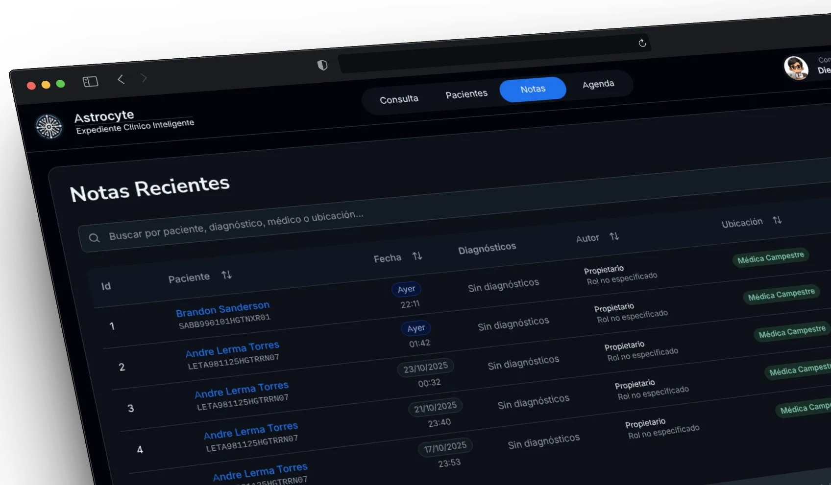 Interfaz completa de Astrocyte